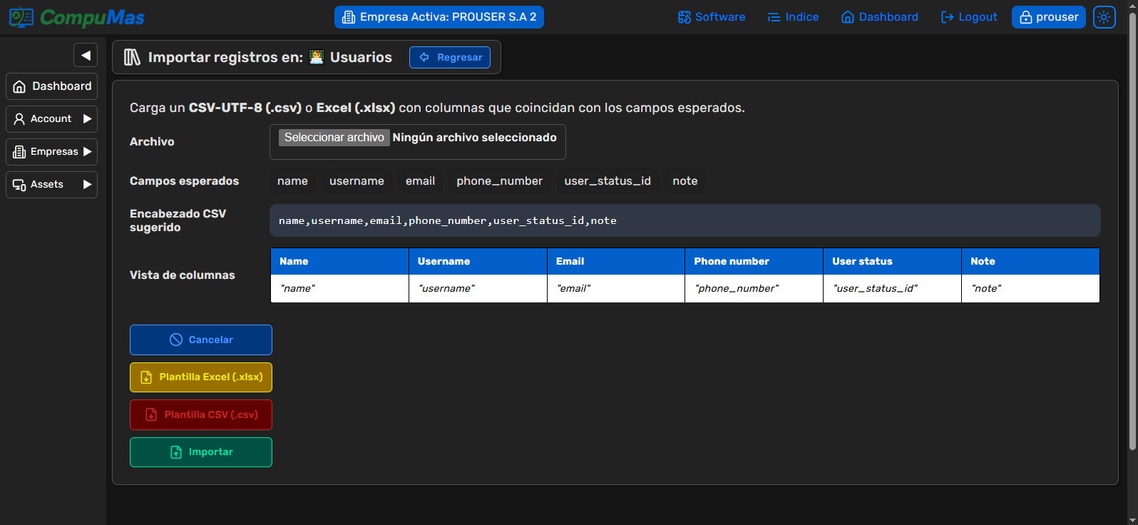 Importación .xlsx y .csv